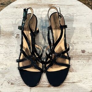 Isola - Black Patent Wedge Sandal - Size 10